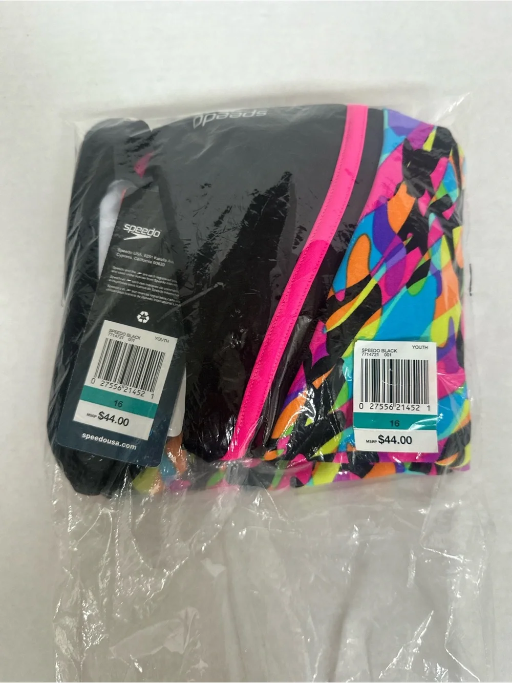 Speedo Black One-Piece with Bright Multi-Color Abstract Front